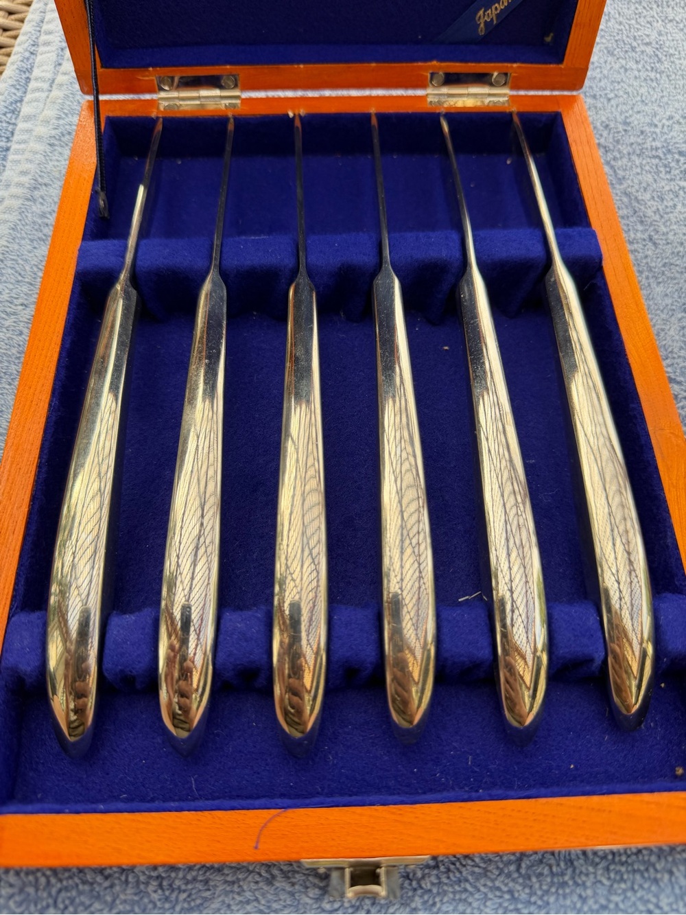 Japan Sword Stainless Steak Knives Set with Blue Velvet Lined Wooden Case